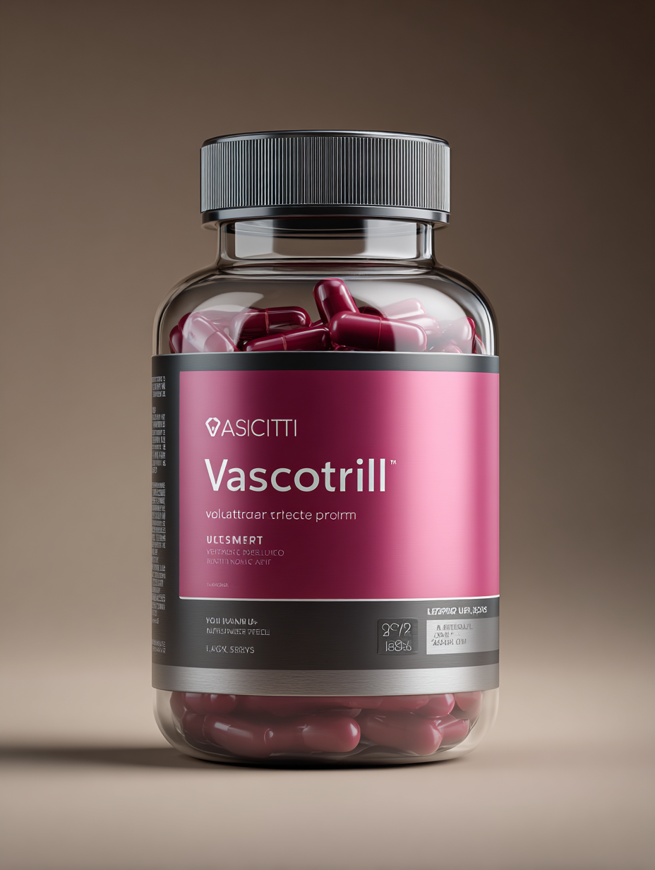 Vascotrill természetes étrend-kiegészítő tablettek vérnyomás támogatásra, fehér csomagolásban, semleges háttéren